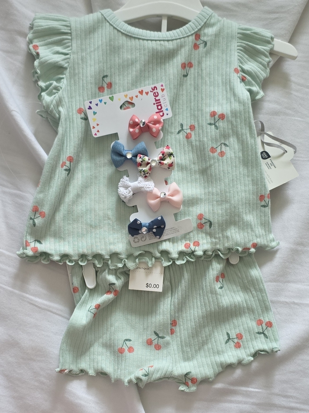 cloud island Mint Green Cherry Print Toddler Outfit with Assorted Hair Bows